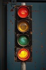 Poster - A close-up view of a traffic light on a pole, suitable for use in urban or transportation-themed contexts