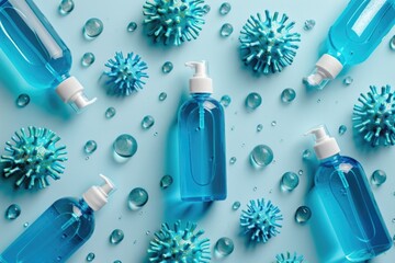 Poster - A collection of blue water bottles with lots of carbonation bubbles