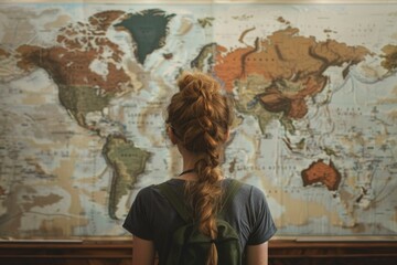 Aufkleber - A traveler studying a map while wearing a backpack