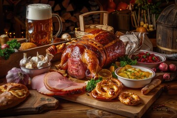 Canvas Print - A wooden table set with snacks including ham and pretzels