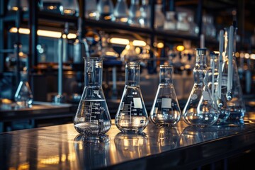 Poster - Row of glass flasks displayed on a countertop, perfect for science or laboratory-themed visuals