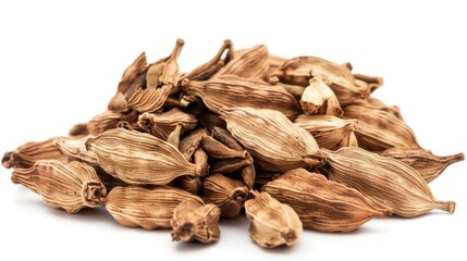 Poster - A close-up shot of dried cardamom seeds on a white background