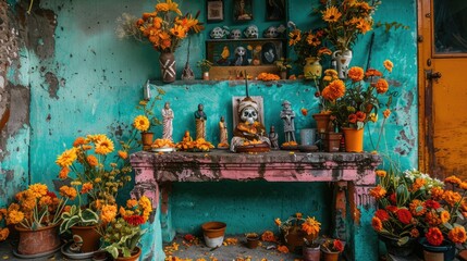 Poster - A cozy room filled with many colorful flowers and decorative statues, perfect for home decor or event planning