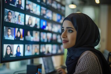 Poster - A woman wearing a hijab sits in front of a laptop, likely working or browsing online