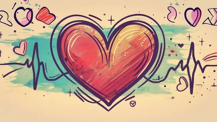 Aufkleber - A vibrant heart illustration intertwined with heartbeat lines and decorative icons showcases affection and love in a cheerful and artistic manner.