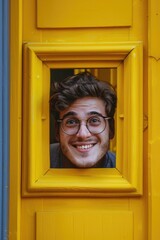 Poster - A person with glasses inspecting a yellow door, possibly trying to find something or checking for hidden details