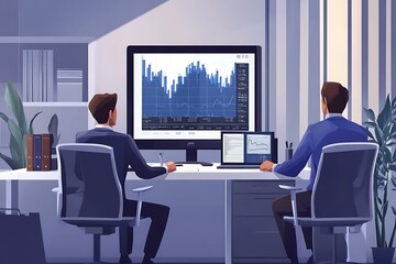 Two businessmen working on financial charts in modern office setting