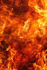 Poster - A close-up shot of intense flames with red and yellow hues, suitable for use in illustrations about heat, energy or passion