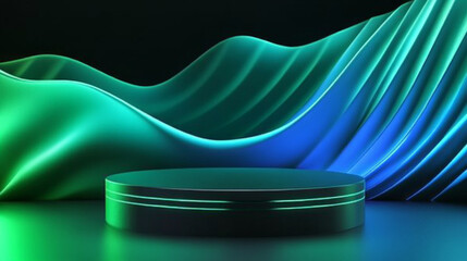 A futuristic 3D podium with a metallic finish, standing before an abstract background of smooth flowing lines in neon green and blue, on a deep black backdrop.