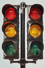 Poster - A close-up view of a traffic light on a pole, showing the details of the red, yellow, and green lights
