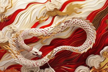 Poster - A majestic white and red dragon statue standing out against a vibrant red and gold background