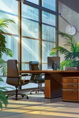 Poster - A typical office setup with a desk, chairs, and a clock