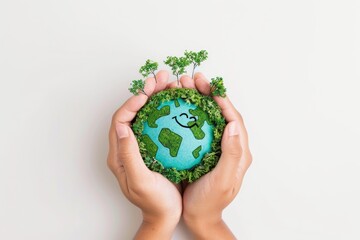 two hands grasping a green earth globe with a smiling face, symbolizing unity and environmental care