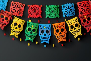 Aufkleber - A collection of brightly colored sugar skulls decorating a wall, perfect for Dia de los Muertos or Halloween-themed designs