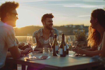 Wall Mural - People gathered for social evening with wine, illustration of friendly gathering