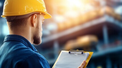 A man wearing a yellow hard hat is looking at a clipboard