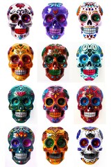 Canvas Print - A collection of vibrant sugar skulls arranged on a clean white surface