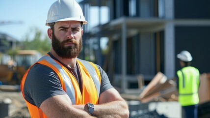 A construction worker with a beard and a hard hat stands in front of a building