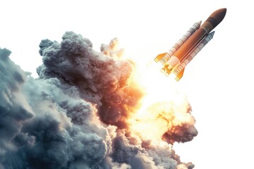 Poster - Image of a space shuttle lifting off from a launch pad, with flames and smoke in the background