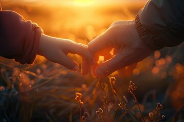 Poster - A romantic moment captured as the sun sets behind a couple embracing each other's hands in a lush green field