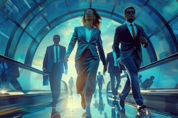Poster - A couple walks down an escalator together, likely on their way to a destination