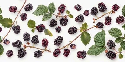 Poster - Fresh blackberries with their green leaves on a white surface, perfect for still life photography or culinary uses