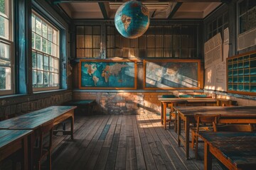 Poster - A typical classroom scene with a large globe suspended from the ceiling, suitable for education and learning-related content