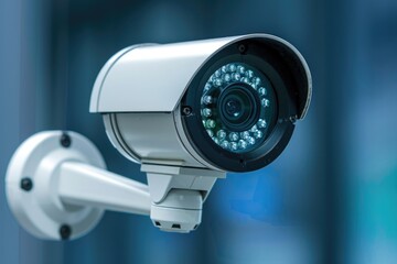 Poster - A security camera mounted on the side of a building, great for architectural or surveillance themes