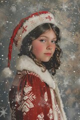 A young girl wearing a Santa hat plays in the snow, perfect for winter or holiday-themed images