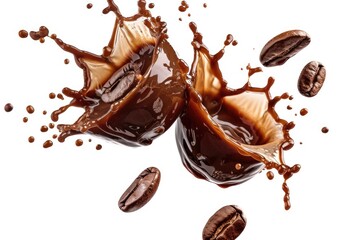 Poster - A photo of a splash of chocolate and coffee beans on a white surface, great for food, beverage, or lifestyle use