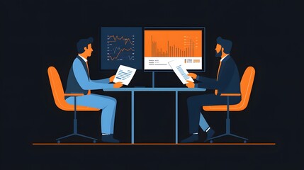 Wall Mural - Vector illustration of two businessmen sitting at a table and talking