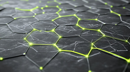 Hexagon pattern in light gray with neon green accents, connected by thin, flowing lines, symbolizing a global network infrastructure.