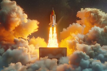 Poster - A space shuttle lifts off into the cloudy sky, ready for its next adventure
