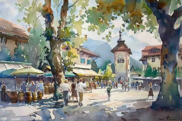 Canvas Print - Watercolor illustration of people on a city street