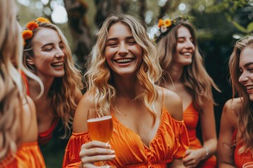 Sticker - Portrait of several youthful females standing in a line, smiling and laughing together