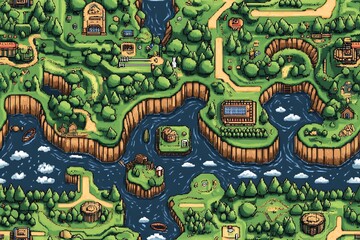 Poster - Cartoon map of a whimsical fantasy world with river, forest and houses