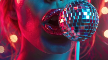 Poster - A person holding a disco ball in their mouth, perfect for party or celebration themes