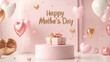 © Volodymyr - A pastel pink podium surrounded by heart-shaped balloons and a beautifully wrapped gift box, with 'Happy Mother's Day' text in elegant gold script floating above.