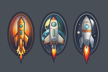 Aufkleber - Three cartoon rockets soaring through space, colorful and playful