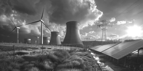 Poster - Aerial view of renewable energy installation with wind turbines and solar panels