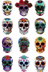 Aufkleber - A collection of sugar skulls with unique designs and decorations