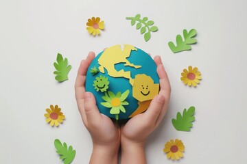 Poster - A young child holds a piece of paper with a cut-out shape, likely from an environmental activity or education