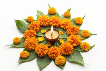 Poster - A candle surrounded by vibrant orange flowers and leaves, perfect for decorative or celebratory uses