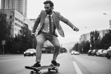 Canvas Print - A person wearing a suit rides a skateboard down a city street