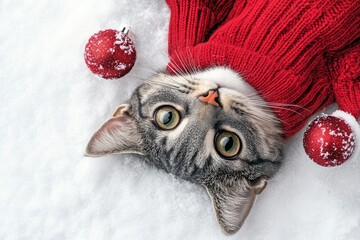 A fluffy cat in a red sweater relaxes on the snow, surrounded by bright red ornaments, capturing the essence of winter joy