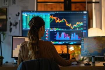 A woman is sitting at a desk with two computer monitors in front of her, generative ai image