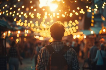 Sticker - A person carrying a backpack walks on a city street under the evening lights