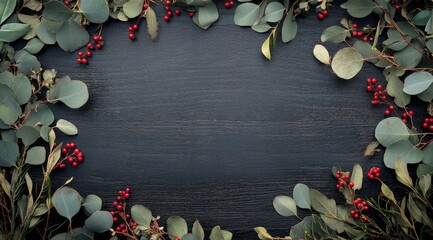 Wall Mural - Green eucalyptus leaves and red berries arranged on a dark wooden surface for decoration