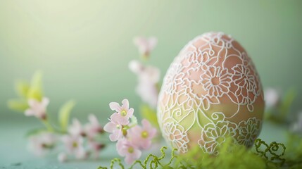 A pastel-colored Easter egg with an intricate lace design on a soft green background