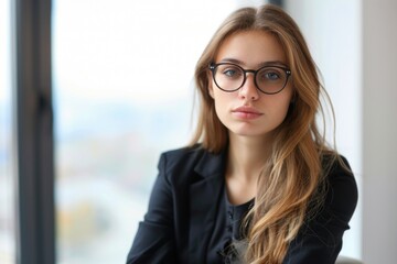 Wall Mural - A woman wearing glasses sits in front of a window, looking outside